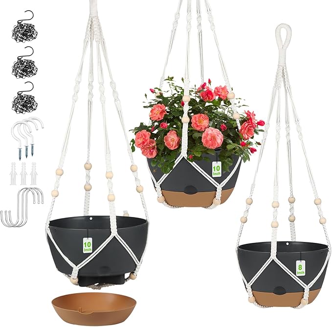 3 Pack Hanging Planters Set, 10 + 10 + 8 Inch Self-Watering Hanging Plant Pot, Macrame Plant Hanger with Pot, Ceiling Hooks, Removable Saucer and Drainage Holes for Indoor, Outdoor Plants - Black