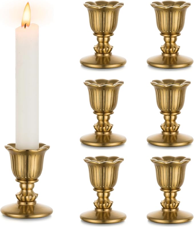 Vintage Candlestick Candle Holders Brass - Romadedi Taper Gold Candle Stick Victorian Style for Table Centerpiece Wedding Reception Festive Christmas Mantel Decoration or Home Decor Set of 6