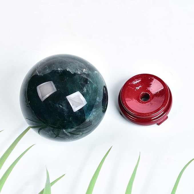 JIC Gem Big Green Quartz Crystal Ball Green Fluorite Healing Gemstone Sphere with Decorative Wooden Stand for Meditation,Home Decoration (80-90mm)