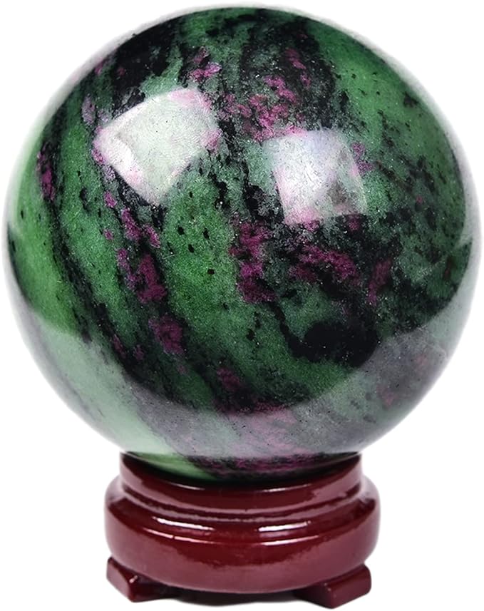 JIC Gem Crystal Sphere Ruby Zoisite Healing Ball With Wood Base - Red&Green Treasure Gemstone for Reiki Chakra Decor (70-80mm)