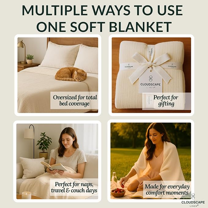 Cloud Scape Linen 8-Layer Muslin Blanket Queen Size - 100% Cotton, Soft and Breathable, Oversized Winter Blanket, Fits up to Full Size Bed, 92x92, Ivory