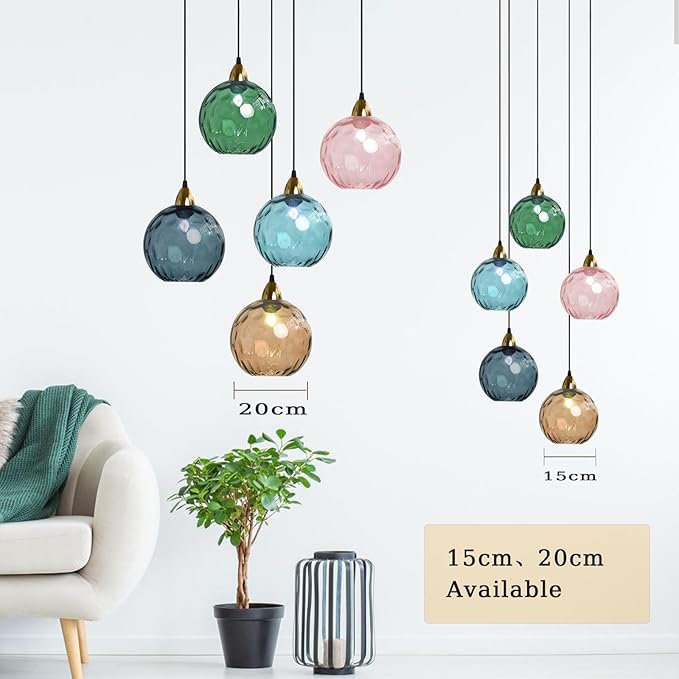 20cm/7.9’’ Industrial Vintage Spherical Glass Pendant Light, E26 Ceiling Hanging Lamp, Gold Finish & Ripple Glass Globe Shade, Dining Room Bedroom Chandelier (Pink)