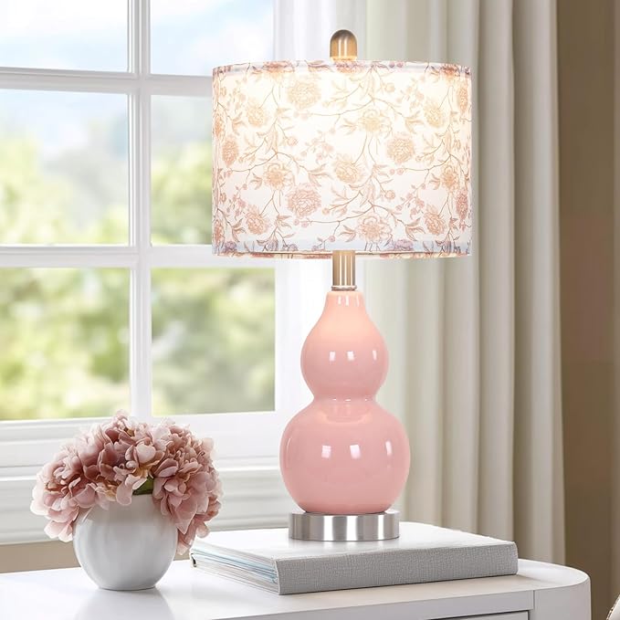 Pink Double Gourd Ceramic Lamps Set of 2 with Flower Lampshade, Modern Table Lamps for Living Room, Contemporary Nightstand Bedside Lamp for Bedrooms End Tables Office Dorm Decor(2 LED Bulbs Included)