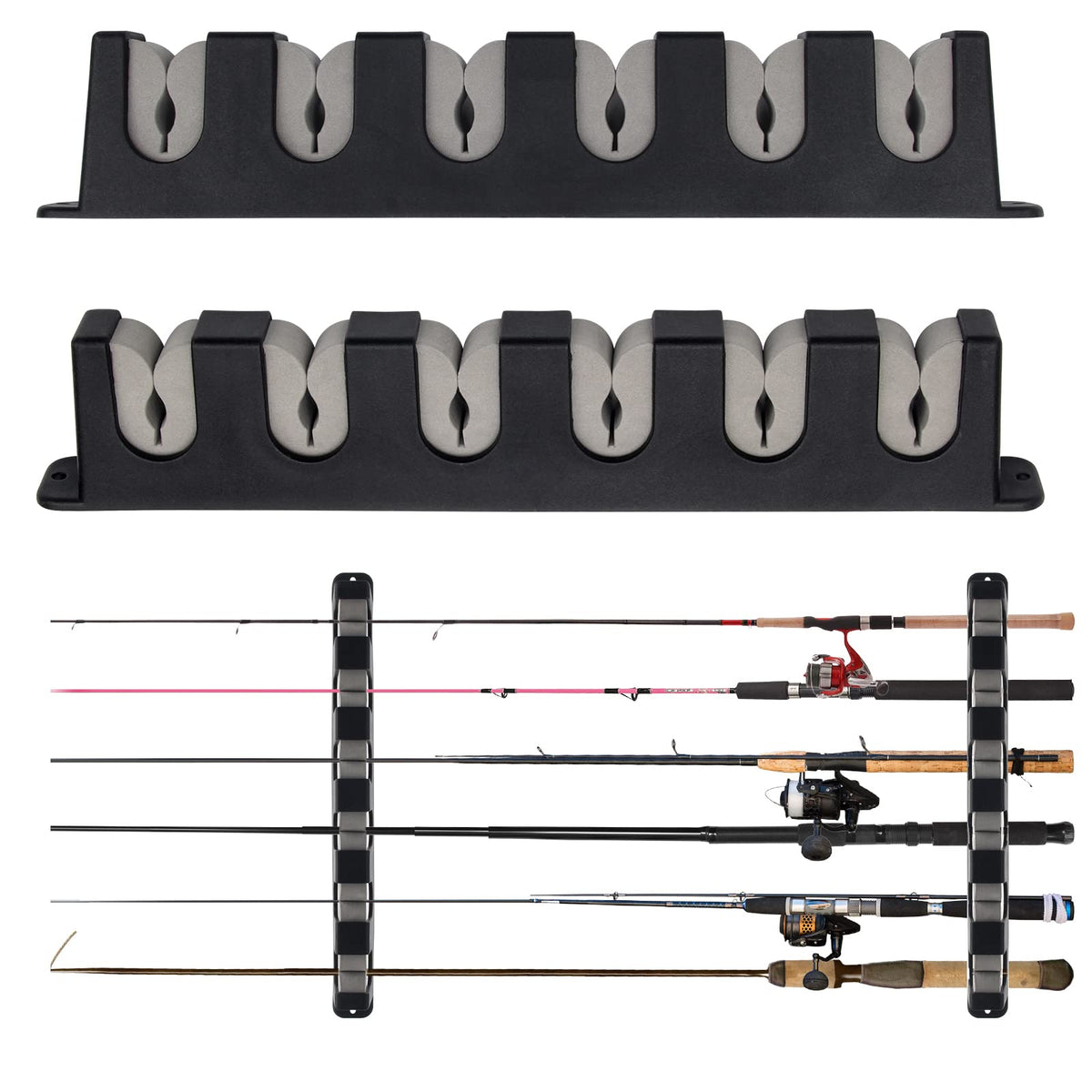 Windspeed 6-Rod Rack Wall Mounted Fishing Rod Rack For Boat, 2 Pcs Horizontal Fishing Rod Holder For Garage Door(Grey)