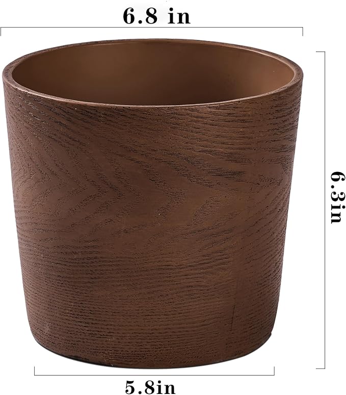 Ekirlin 7 inch Plant Pot, Resin Mahogany Texture Flower Planters with Drain Hole, Removable Rubber Stopper and Non-Slip Soft Pad - for Most Plants and Flowers