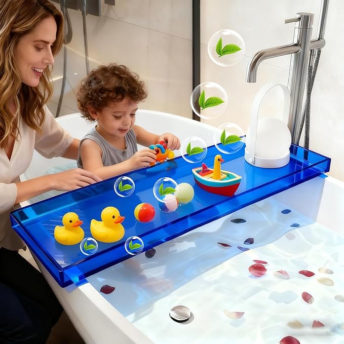 Bathtub Tray Table, Clear Acrylic, Anti-Slip Bath Caddy, L32.3″ * W7.87″ * H1.18″ (Blue, L29.9 x W7.87 x H1.18)