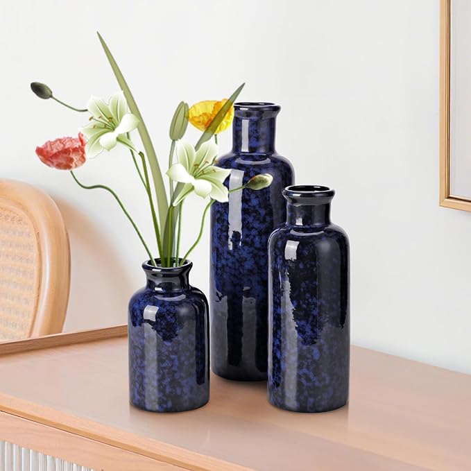 Small Blue Ceramic Vase Set of 3, Boho Modern Flower Vase Room Decor, Farmhouse Decor, Vases for Your Kitchen, Bathroom, Bedroom, Living Room, Office&Shelf Centerpiece Table Decorations