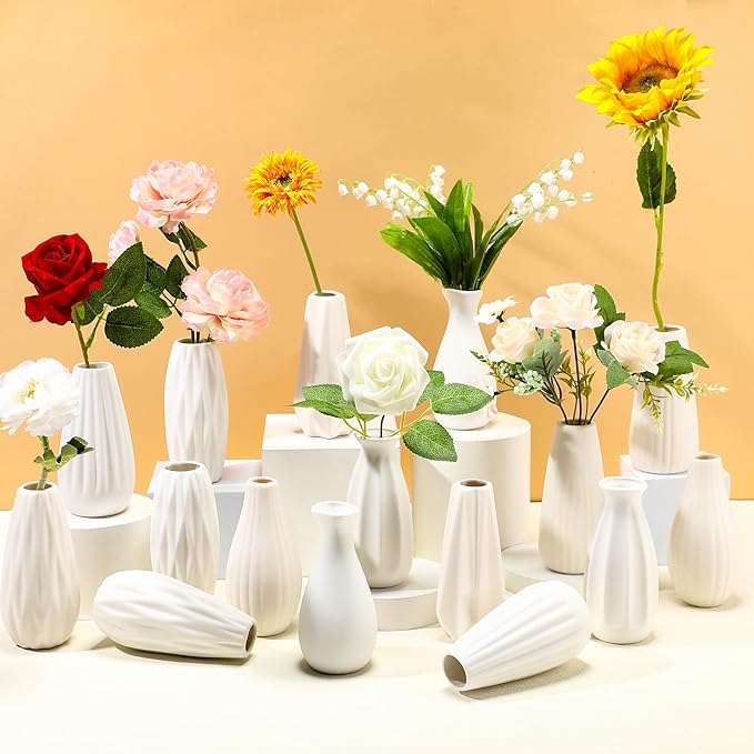 Yaomiao 16 Set White Ceramic Bud Vase Bulk 5 Inch Boho Small Pampas Grass Flower Vase for Wedding Table Centerpieces Decoration Boho Home Decor DIY Gift, 8 Styles (Classic)