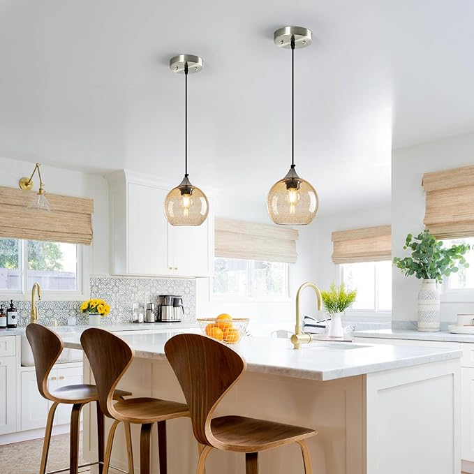 Light Brown Glass Pendant Lights Kitchen Island Globe Pendant Light Fixtures Modern Pendant Lighting for Bedroom Living Dining Room Light Fixture (5.9 in, 2 Pack)
