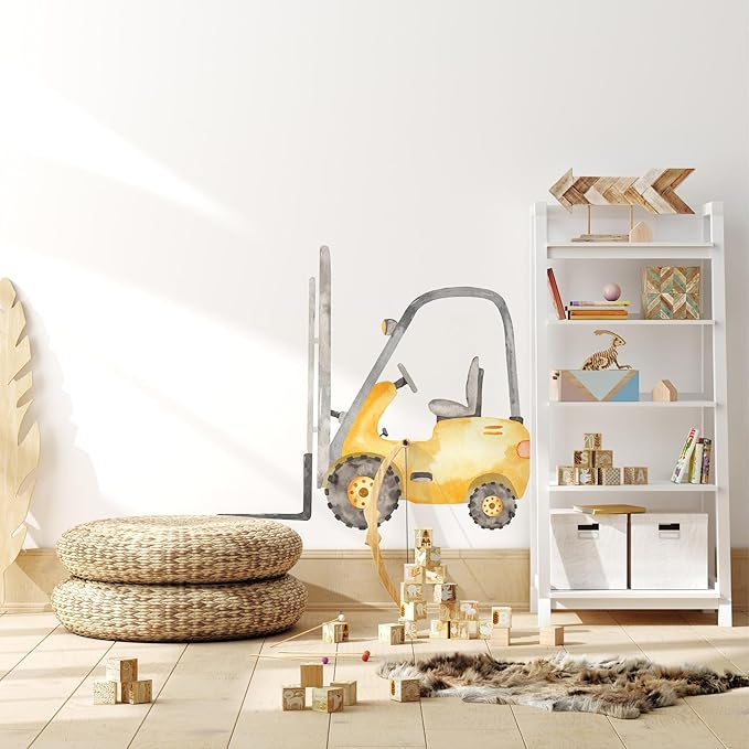 Construction Forklift Wall Decal for Boys Room, Lift Truck Construction Eqipment Peel Stick Removable Fabric Wall Sticker, Nursery or Playroom Decor, Repositionable (18 inch: 16" Tall x 18" Wide)