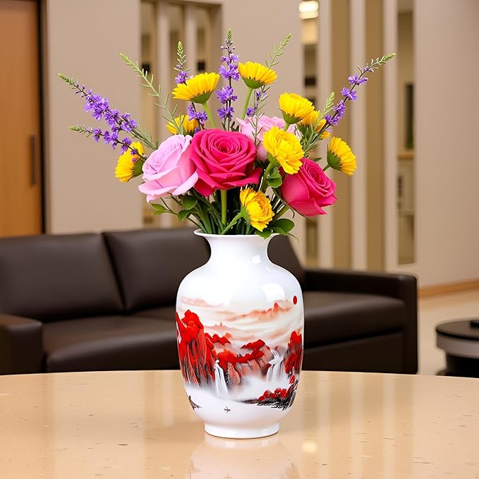 MTME Porcelain Figurines, Jingdezhen Decorative Flower vase, Melon Sr. Home Decor, Wedding Gifts, Aesthetic Sculpture Home décor (Red Sun)