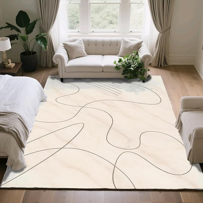 Modern Marble Rug - 5x6 Area Rug, Abstract Line Marble Area Rugs, Minimalist Geometry Carpet, Washable & Non Slip & Soft Rugs Home Decor