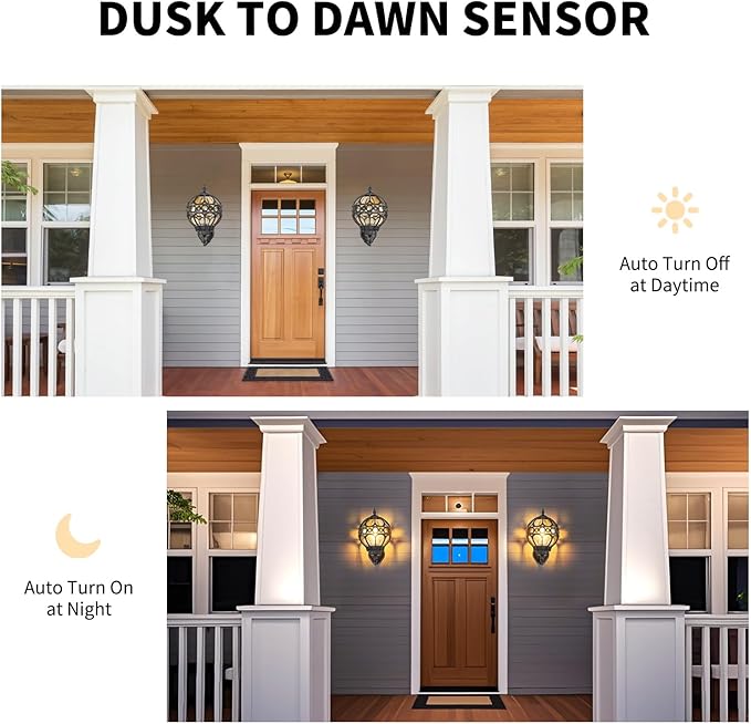 Dusk to Dawn Outdoor Wall Lights, Black Globe Aluminum Exterior House Lantern with Amber Glass, Anti-Rust Waterproof Outside Round Wall Lighting Fixtures for Patio Doorway Garage, 2 Pack
