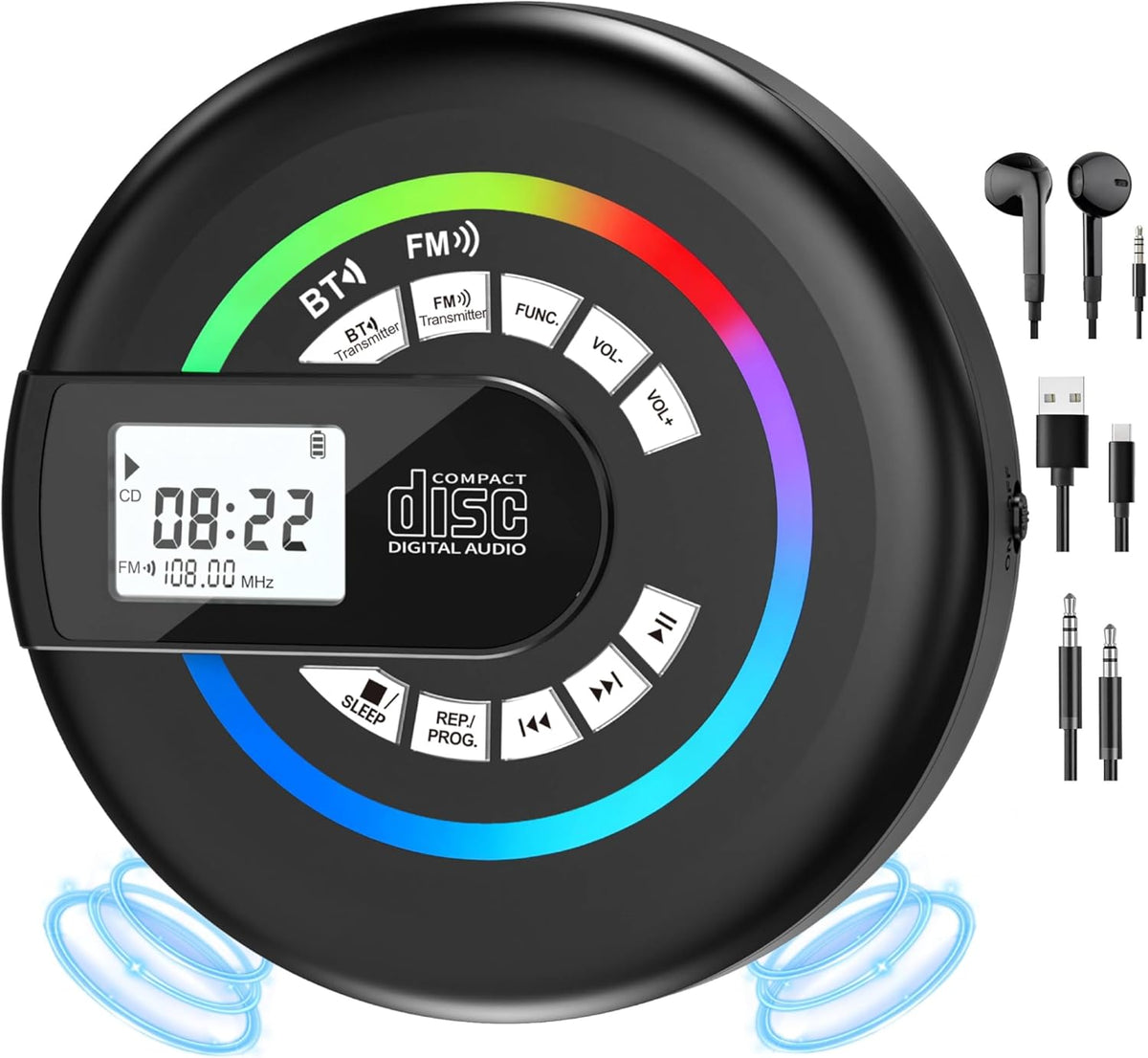 Greadio Discman Portable CD Player with Speaker Bluetooth for Car with FM Transmitter Rechargeable Lightweight