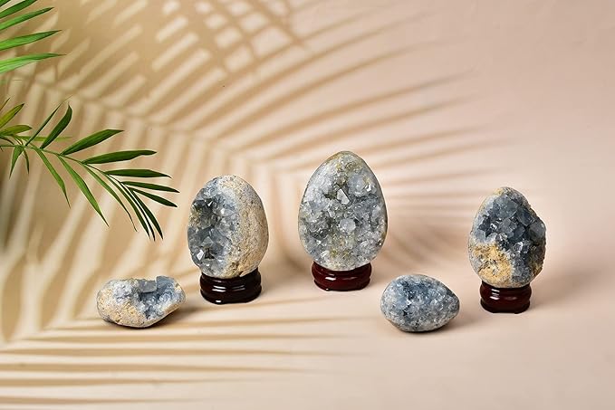 AMOYSTONE Decorative Easter Eggs Small 2" Natural Blue Celestite Egg Shaped Carved for Healing Reiki, Meditation Home Decor Gift