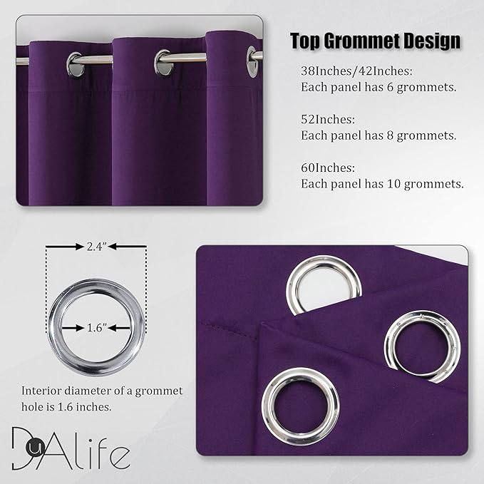 DUALIFE Dark Purple Blackout Curtain Panels for Small Window Treatment 54 Inch Length Set of 2 Panels Thermal Insulated Room Darkening Bedroom Curtains Drapes for Living Room 38x54 Inch