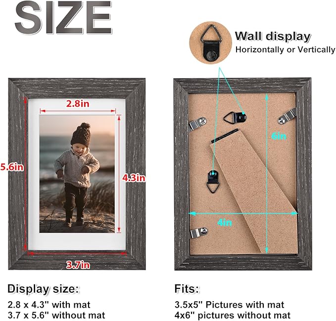 KINLINK 4x6 Frame Ash Black, Solid Wood 4 x 6 Picture Frame with Acrylic Plexiglass for 3.5x5 with Mat, Tabletop and Wall Display Photo Frames 4x6 Ash Black, 4 Pack