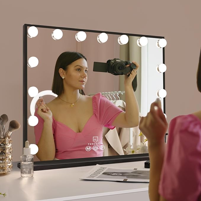 FENCHILIN Vanity Mirror with Lights,Hollywood Lighted Mirror with Dimmer Bulbs, Vanity Makeup Mirror Smart Touch Control (Black)