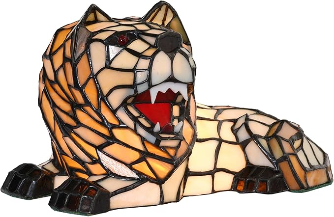 Bieye L10828 Roaring Lion Table Lamp Tiffany Style Stained Glass Accent Night Light for Children's Room Nursery Home Décor