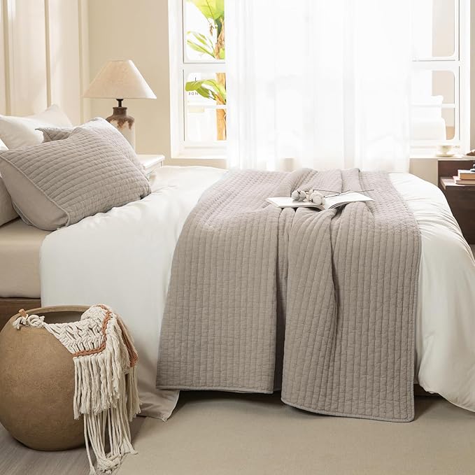 Sanracie Stonewashed Queen Quilt Bedding Set(90"x98"), Cotton Linen Colored Crinkle Bedspread Coverlet 3Pcs Soft Lightweight Breathable Cross Stitch Pattern Bedspread Set for All Season