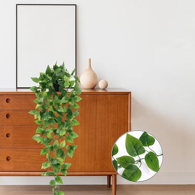 BLEUM CADE Fake Hanging Plants, 2pcs Artificial Hanging Plant, Faux Pothos Vines Greenery for Wall Home Living Room Office Indoor Outdoor Decor (No Baskets)