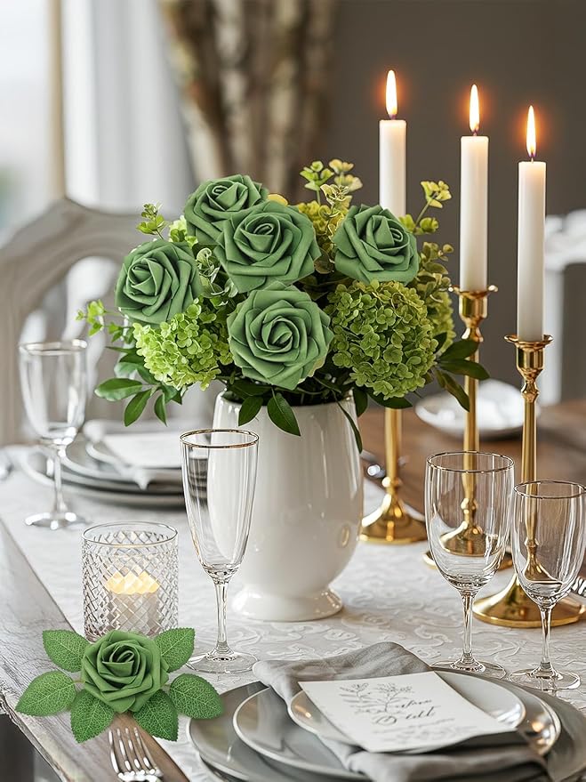 N&T NIETING Roses Artificial Flowers, 25pcs Artificial Flowers Foam Flowers with Stems for DIY Cake Decoration Wedding Party Home Decoration, Army Green