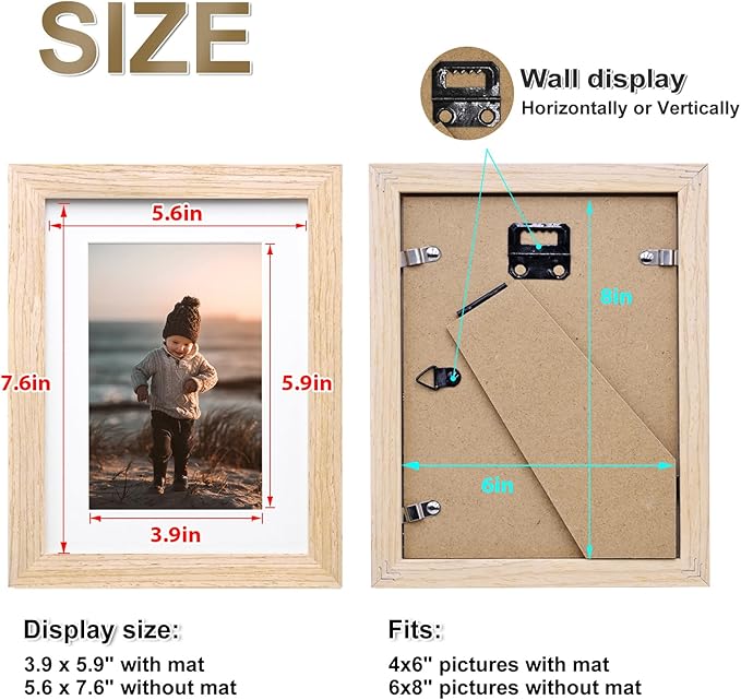 KINLINK 6x8 Picture Frame Natural, Solid Wood Frames with Acrylic Plexiglass for Pictures 4x6 with Mat or 6x8 without Mat, Tabletop and Wall Display Photo Frame, Set of 4