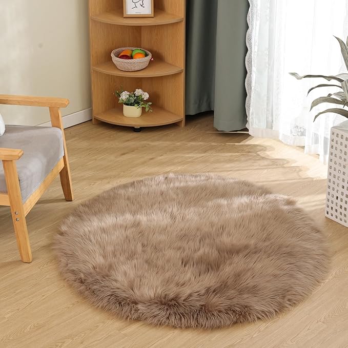 Latepis Circle Rugs for Bedroom 3ft Brown Beige Round Shag Faux Fur Rug Washable Fluffy Rugs for Living Room Small Area Rug Throw Soft Rug Room Decor