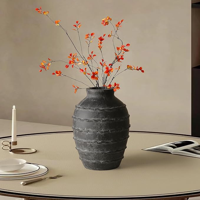 Kokrose Black Terracotta Vase, Black Vases Home Decor for Centerpieces, Large Vintage Rustic Flower Vase for Home Decor, Pottery Ceramic Vases, Table Top Fireplace Mantel Decor