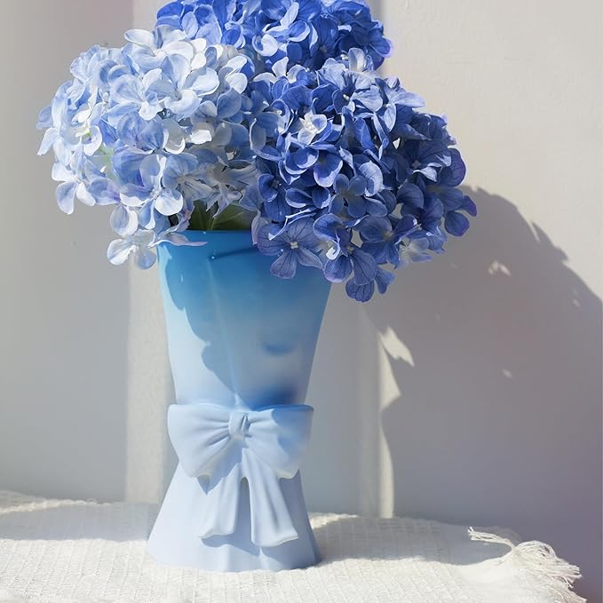 Gradient Blue White Ceramic Bow Vase 9.64 in Unique Cute Modern Decorative Bouquet Flower Vases for Home Living Room Table Decor Women Girl Gifts