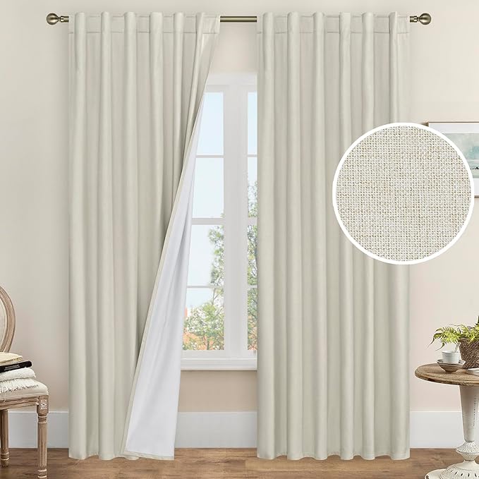 LAMIT 100% Blackout Curtains for Living Room, 90 Inch Linen Textured Thermal Insulated Bedroom Curtains Back Tab and Rod Pocket Farmhouse Neutral Panels with White Liner, 2 Panels, 52 x 90 Inch, Stone
