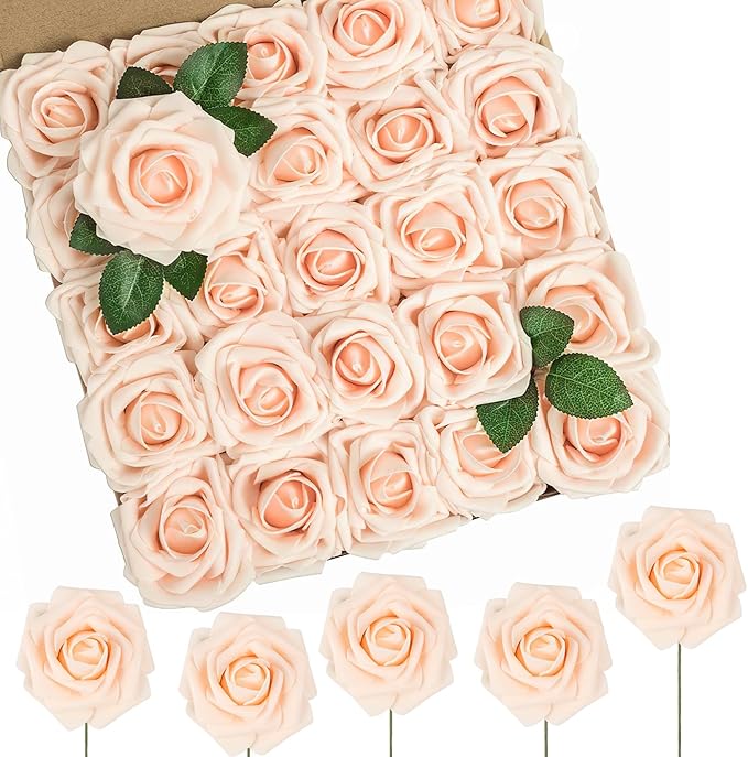 N&T NIETING Artificial Flowers, 50Pcs Fake Flowers Roses Perfect for DIY Wedding Bouquets Centerpieces Bridal Shower Party Home Flower Arrangement Decorations, Blush