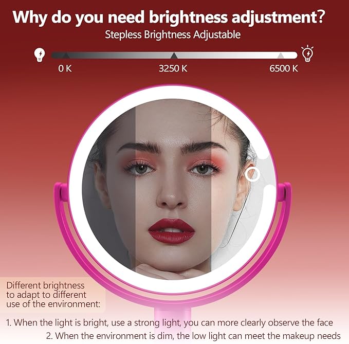 MIYADIVA Makeup Mirror with Lights, 20X Magnifying Mirror with Light and Touch Switch, 2-Sided Vanity Mirror with 3 Color and 80 LEDs, Hot Pink
