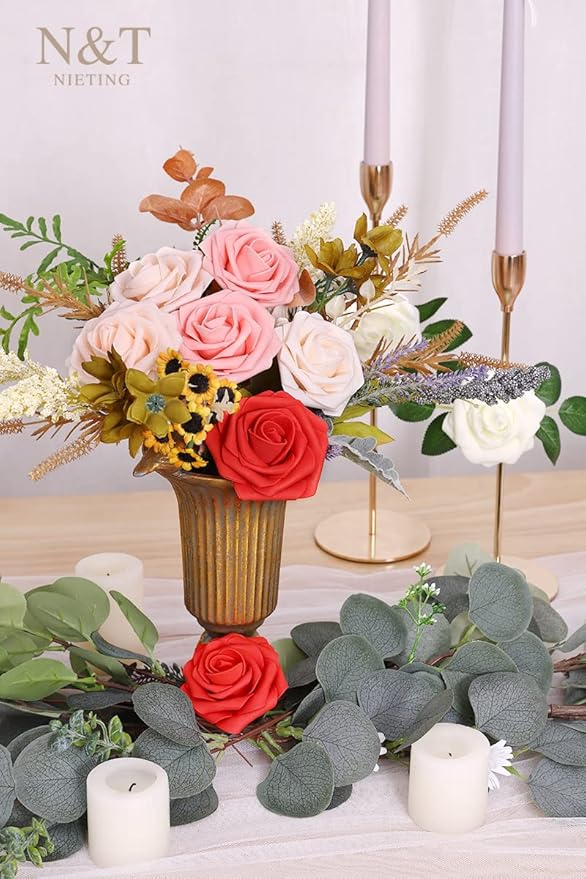 N&T NIETING Artificial Flowers 50pcs Real Touch Faux Flowers Bulk with Stems for DIY Wedding Bouquets Bridal Shower Centerpieces Floral Arrangements Party Valentine's Day Home Decorations(Series Red)