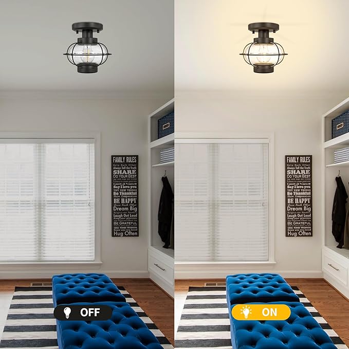 Porch Ceiling Light Fixture, Outdoor Flush Mount Ceiling Light with Glass Globe Shade, E26 Standard Base Industrial Farmhouse Lamp for Hallway Bedroom Balcony Porch Stairway