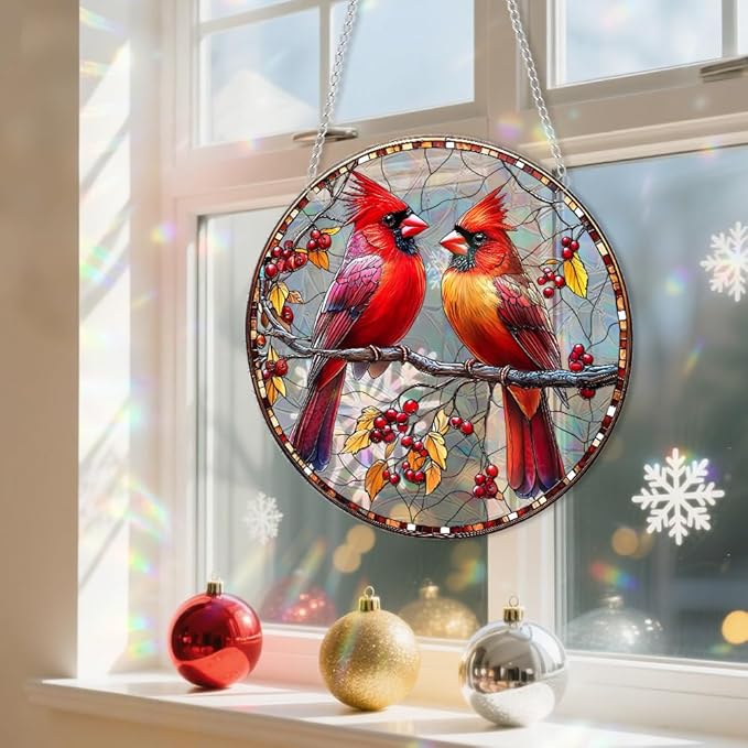 Xmas Suncatcher Bird Window Hanging - Christmas Snowman Suncatcher for Door Terrace Garden Home Decor， Winter Rainbow Maker Birthday Gifts for Lovers Women Men Dad Mom