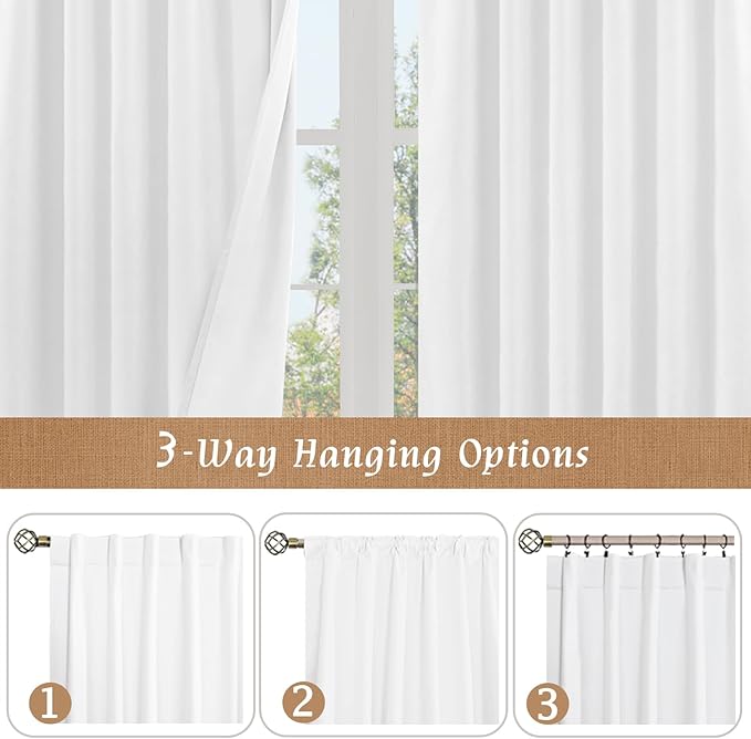 LAMIT 100% White Blackout Curtains for Bedroom, 63 Inches Polyester Textured Thermal Curtains Back Tab and Rod Pocket Burlap Panels with White Liner for Farmhouse/Living Room, 2 Panels, 52 x 63 Inch