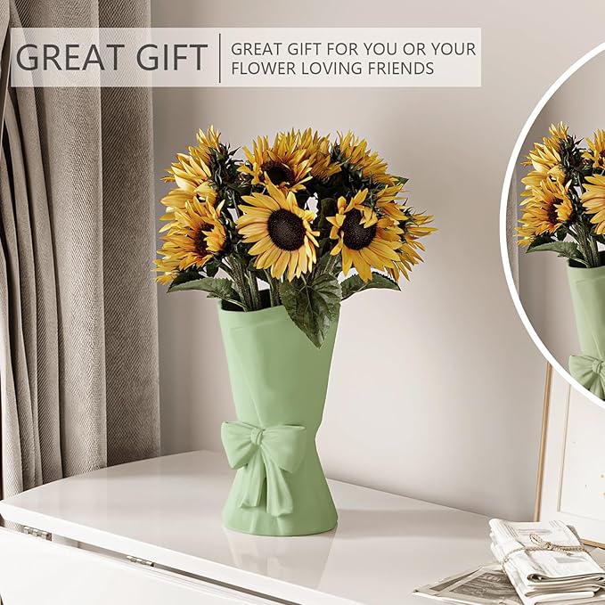 Green Ceramic Bow Vase 9.64 in Unique Cute Modern Decorative Bouquet Flower Vases for Home Living Room Table Decor Women Girl Gifts