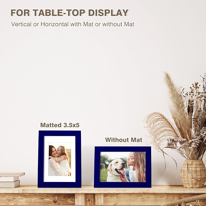 KINLINK 4x6 Frame Navy, Solid Wood 4 x 6 Picture Frame with Acrylic Plexiglass for 3.5x5 with Mat, Tabletop and Wall Display Photo Frames 4x6 Navy Blue, 4 Pack