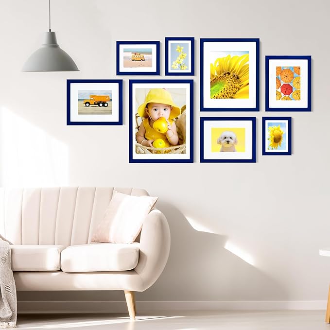 KINLINK 6x8 Picture Frame Navy, Solid Wood Frames with Acrylic Plexiglass for Pictures 4x6 with Mat or 6x8 without Mat, Tabletop and Wall Display Photo Frame, Set of 4