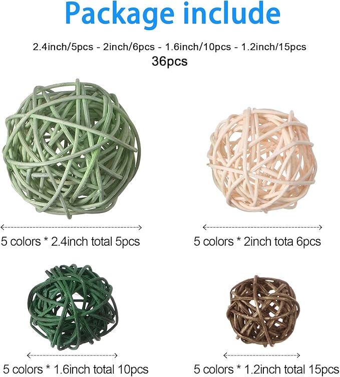 Patelai 36 Pcs Wicker Rattan Balls Decorative Balls for Vase Centerpiece Bowls Orbs Filler for Home Decor,4 Sizes(Vivid Color)