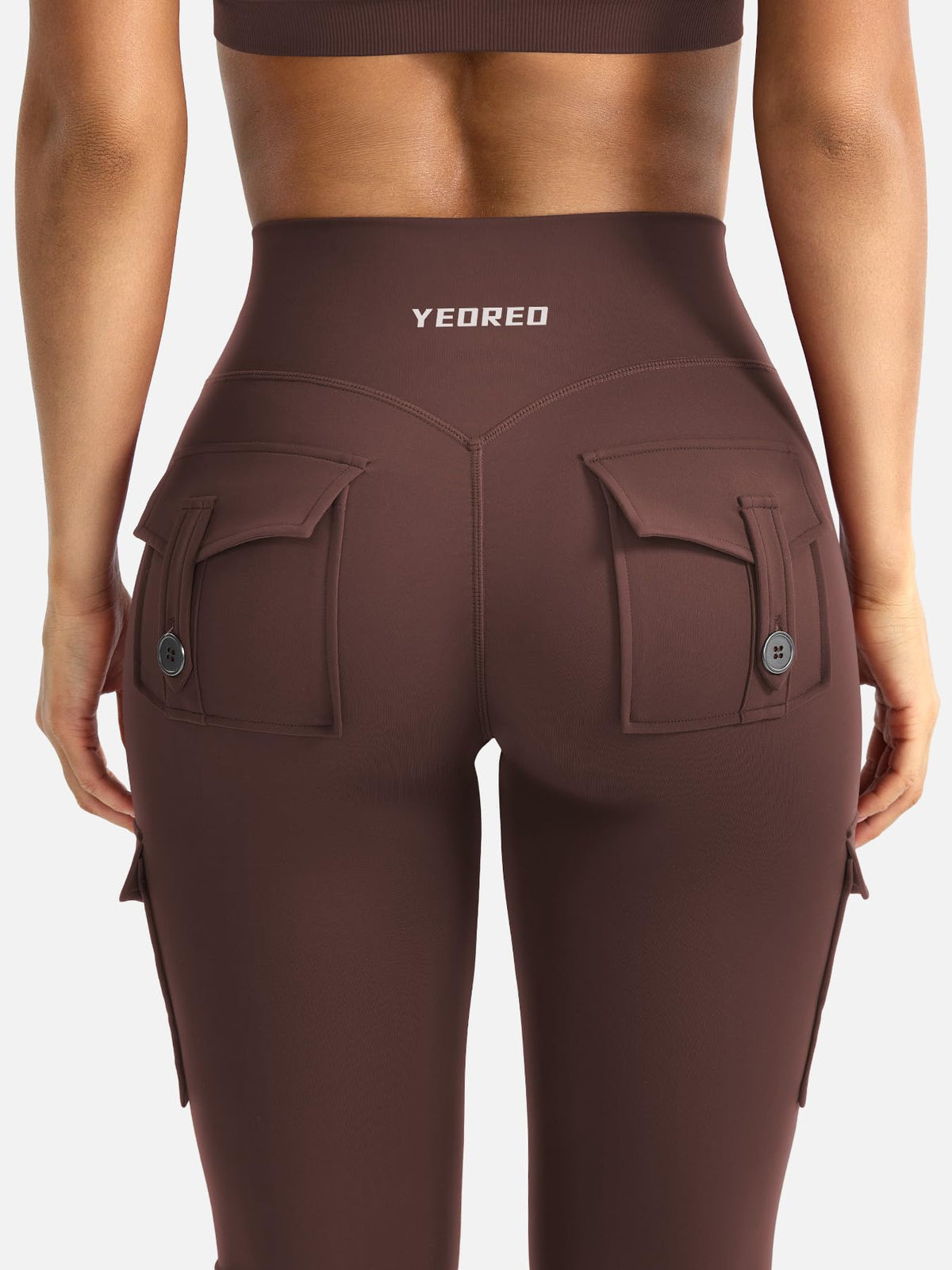 YEOREO CoreFlex Women Workout Flare Leggings with Pockets Hidden Scrunch Cargo Gym Yoga No Front Seam Leggings Chocolate XS