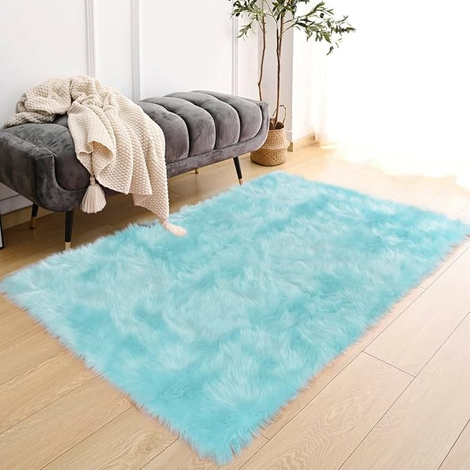 Latepis Blue Rugs for Bedroom Washable 3x5 Faux Sheepskin Fur Rug Fluffy Shaggy Rugs for Teen Room Décor Dorm Boho Bedroom Rug, Rectangle