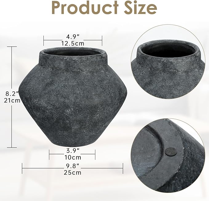 Briful Large Rustic Ceramic Vase with Distressed Finish, 8.2'' Tall Wide-Belly Decorative Flower Vases with Felt Pads, Retro Style Pottery for Home Decor, Table Centerpiece, Black