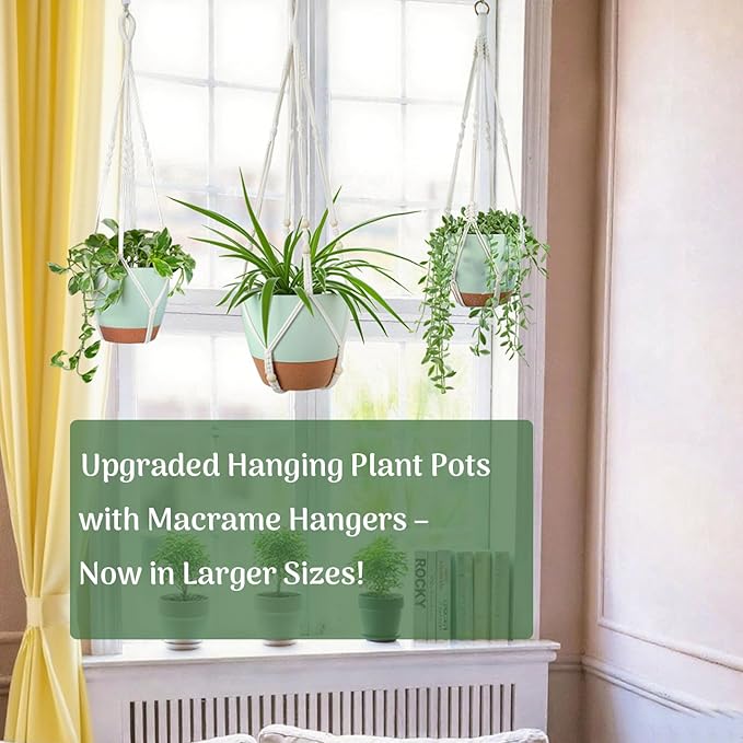 Larege Hanging Planters with Macrame Plant Hangers for Indoor Outdoor Plants 3 Set 10" / 8" / 7" Self Watering Pots Hanging Baskets Flower Pot Holders 3 Different Size Green Large