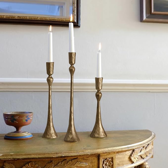 Vintage Cast Iron Taper Candle Holder - Set of 3 Decorative Candle Stand, Candlestick Holder for Wedding, Dinning, Party (Antique Brass)