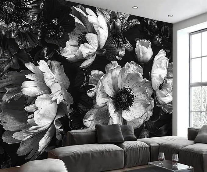 AFZEVEB-Black Peony Floral Wallpaper Vintage Large Flower Wall murals for Bedroom 159"x107"(Not Peel and Stick)