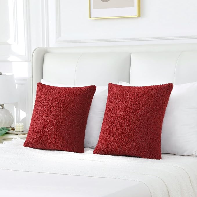 FUTEI Christmas Maroon Red Throw Pillow Covers 16x16 Inch Set of 2,Furry Faux Fur Teddy Boucle Textured Cushion Covers,Soft Fluffy Decorative Pillow Case,Home Decor for Couch Bed Living Room Car