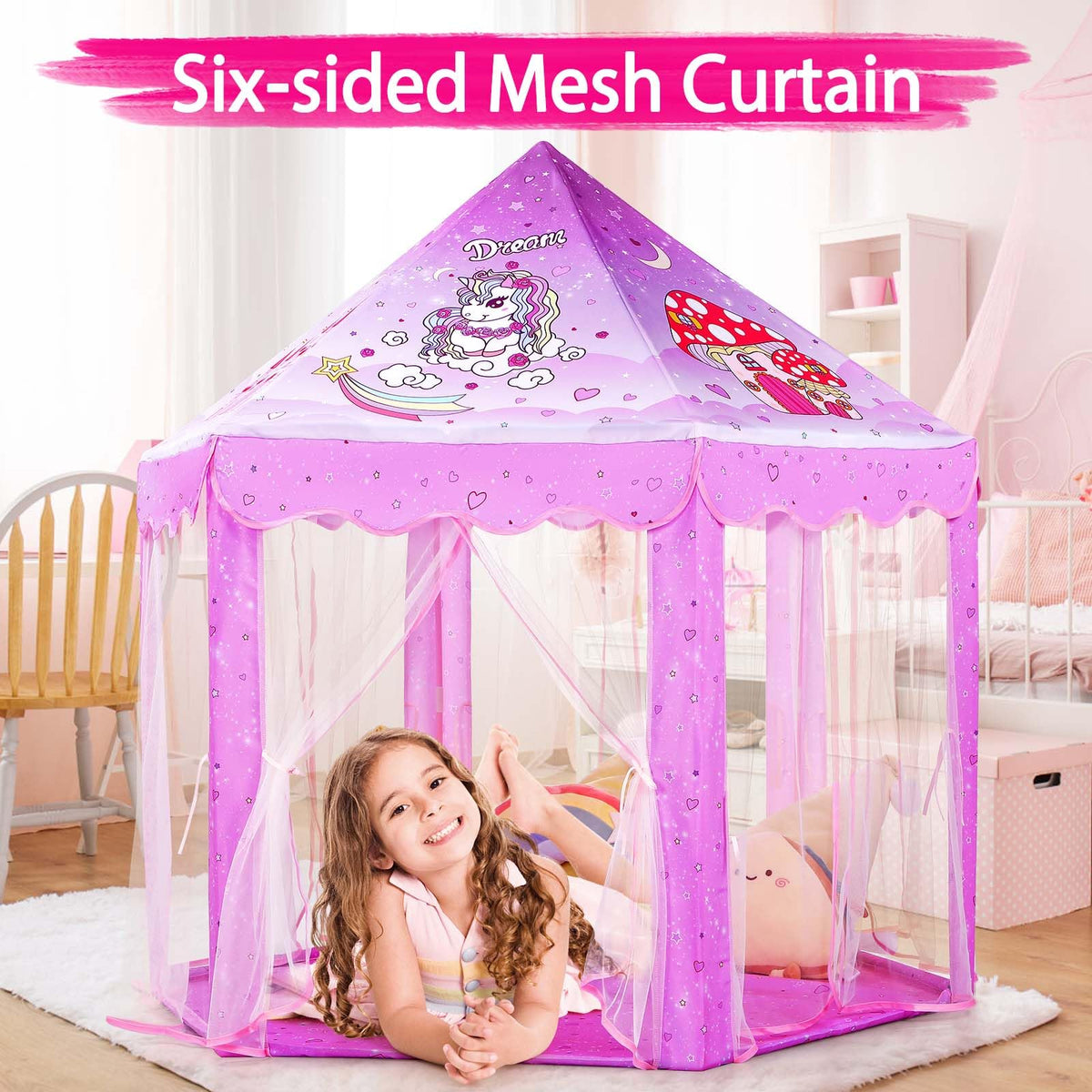 Monobeach Princess Tent Girls Unicorn Large Playhouse Kids Castle Play Tent with Star Lights Gift Toy for Children Indoor and Outdoor Games, 55'' x 53'' (DxH)
