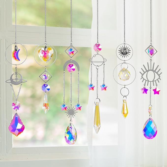 Sun Catchers 6Pieces Colorful Crystals Suncatcher with Chain Pendant Ornaments Hanging Crystals Prism Rainbow for Window Home Indoor Outdoor Car Mirror Garden Christmas Day Party Wedding Decoration